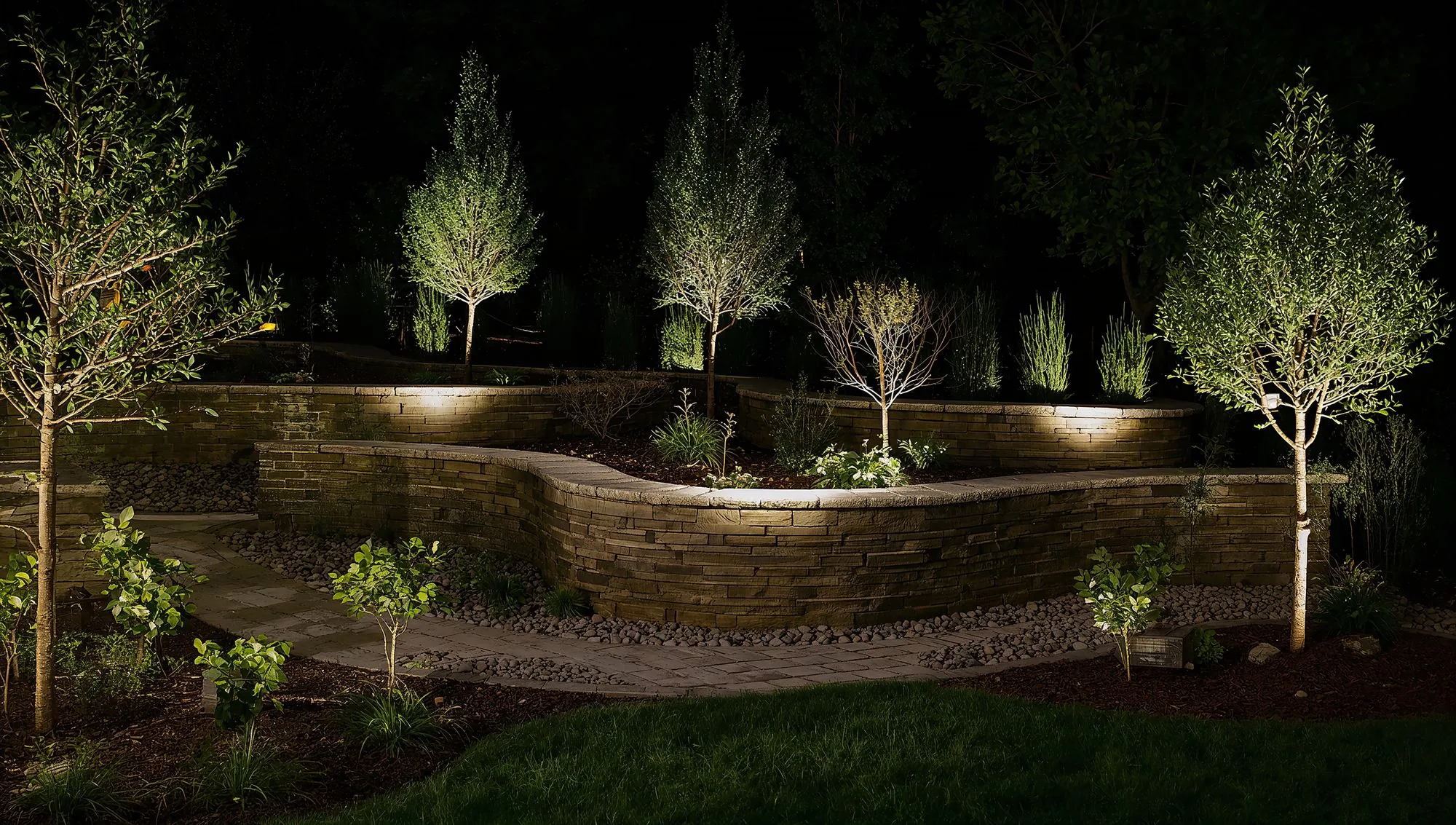 Stone hardscape wall and outdoor lighting around planted beds